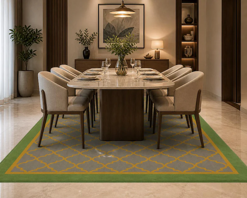 Elegant Grey & Mustard Geometric Carpet with Green Border | Modern Trellis Area Rug | Luxury Minimalist Floor Décor