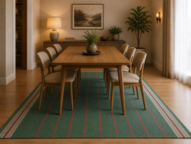 Luxe Striped Floor Runner – Muted Sage Green with Red Accents – Contemporary Woven Textile – Long Transitional Area Rug