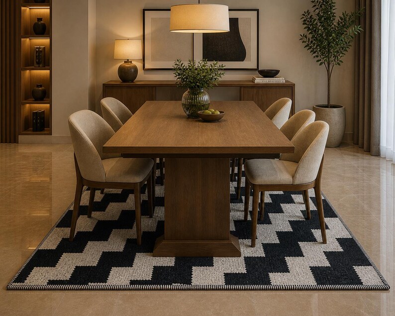 Modern Geometric Statement Rug – Hand-Textured Monochrome Area Carpet – Nordic Minimalist Decor – Luxe Black & White Staircase Pattern