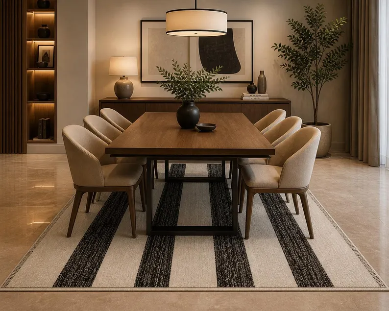 Modern Cream & Black Striped Carpet | Contemporary Minimalist Area Rug | Elegant Neutral Floor Décor