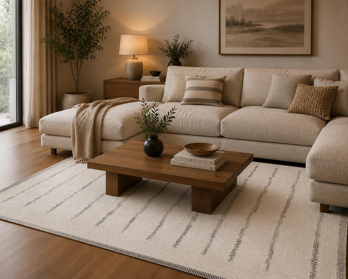 Minimalist Linear Area Rug – Hand-Tufted Cream & Charcoal Stripe Motif – Organic Modern Scandi-Chic Carpet