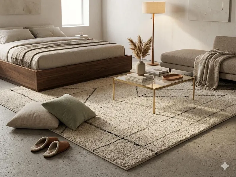 Exclusive Lattice Motif Carpet – Deep Navy Bordered Wool Rug – Minimalist Modern Sanctuary Series | Quality 3/12