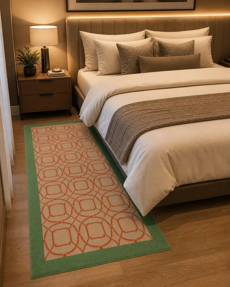 Beige Coral Geometric Carpet | Contemporary Green Border Area Rug