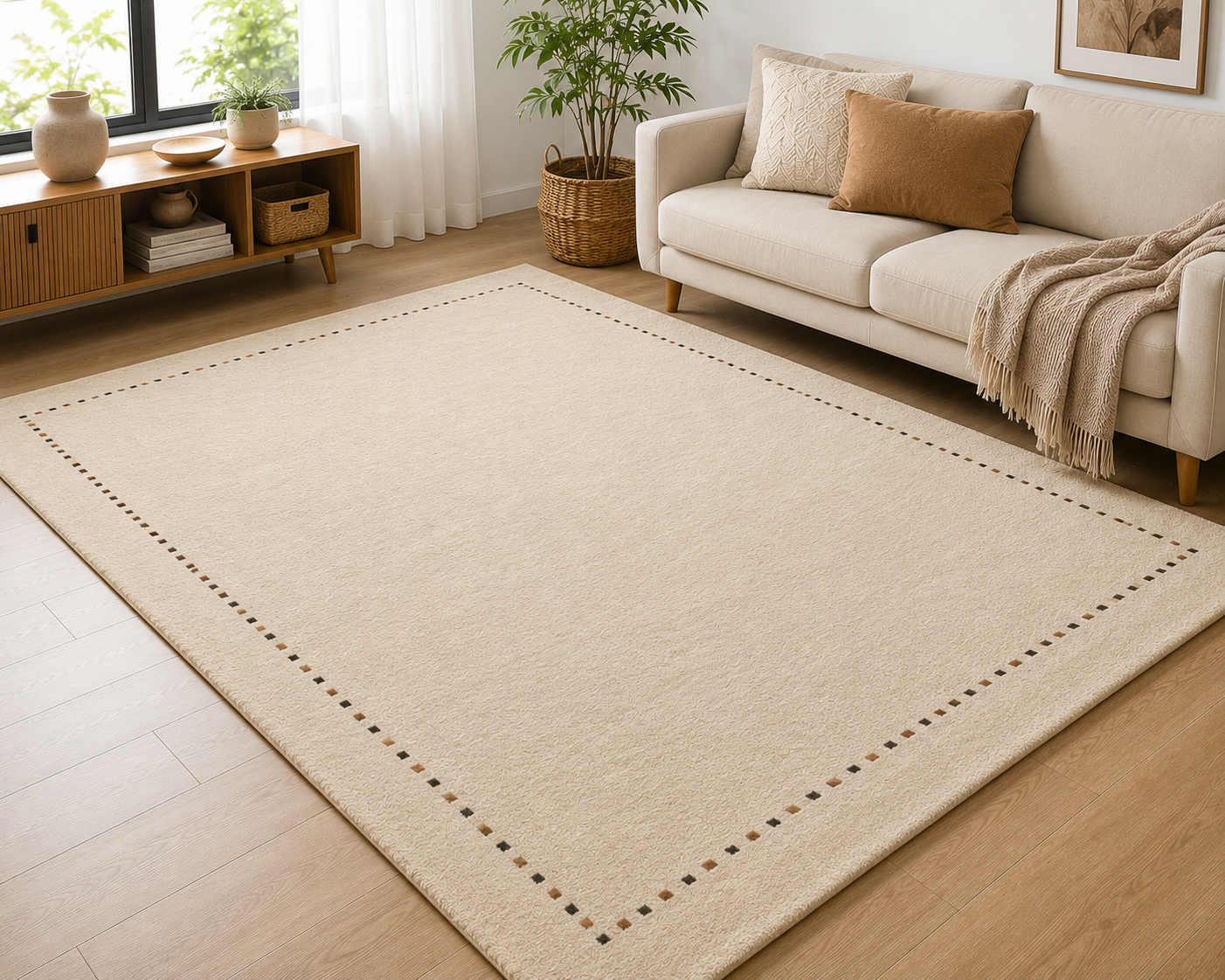 Ivory Dotted Border Handwoven Wool Rug
