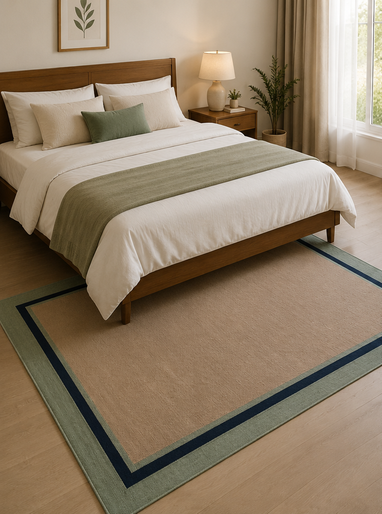 Handwoven Beige Wool Area Rug with Sage Green Border