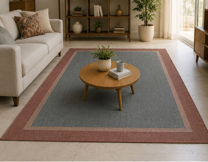 Handwoven Blue Grey Wool Area Rug with Terracotta Border