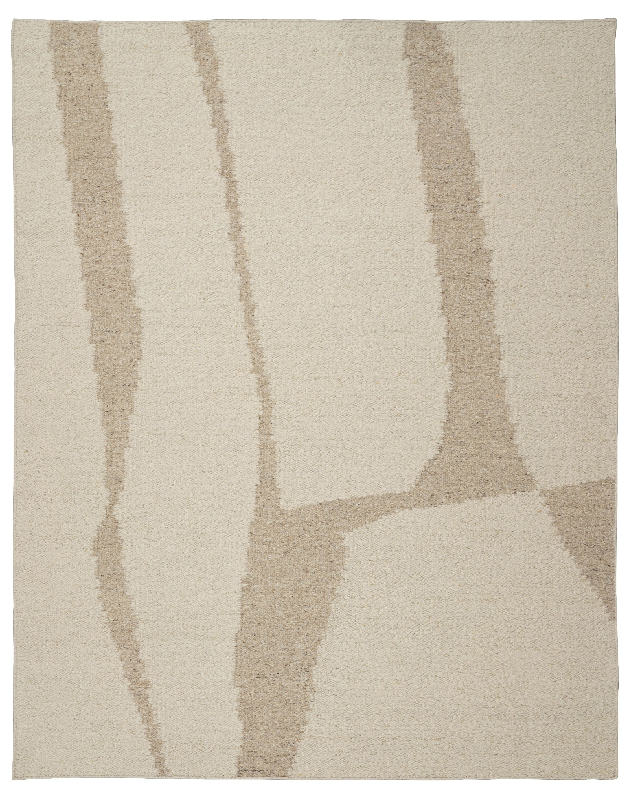 Handwoven Ivory & Beige Abstract Line Wool Carpet