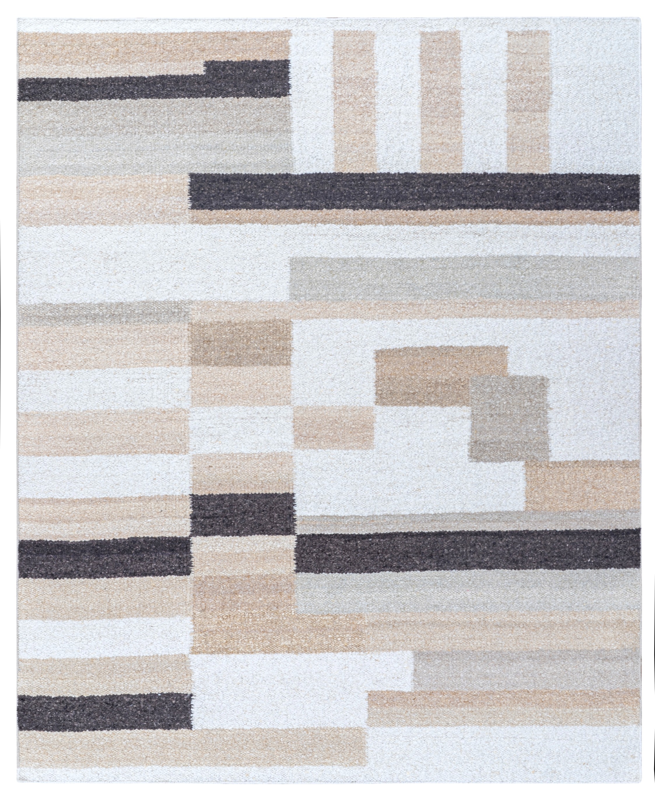 Handwoven Ivory & Beige Geometric Block Wool Carpet