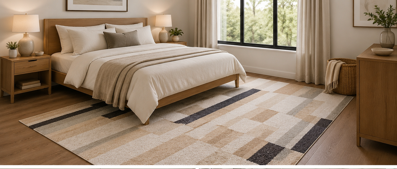 Handwoven Ivory & Beige Geometric Block Wool Carpet