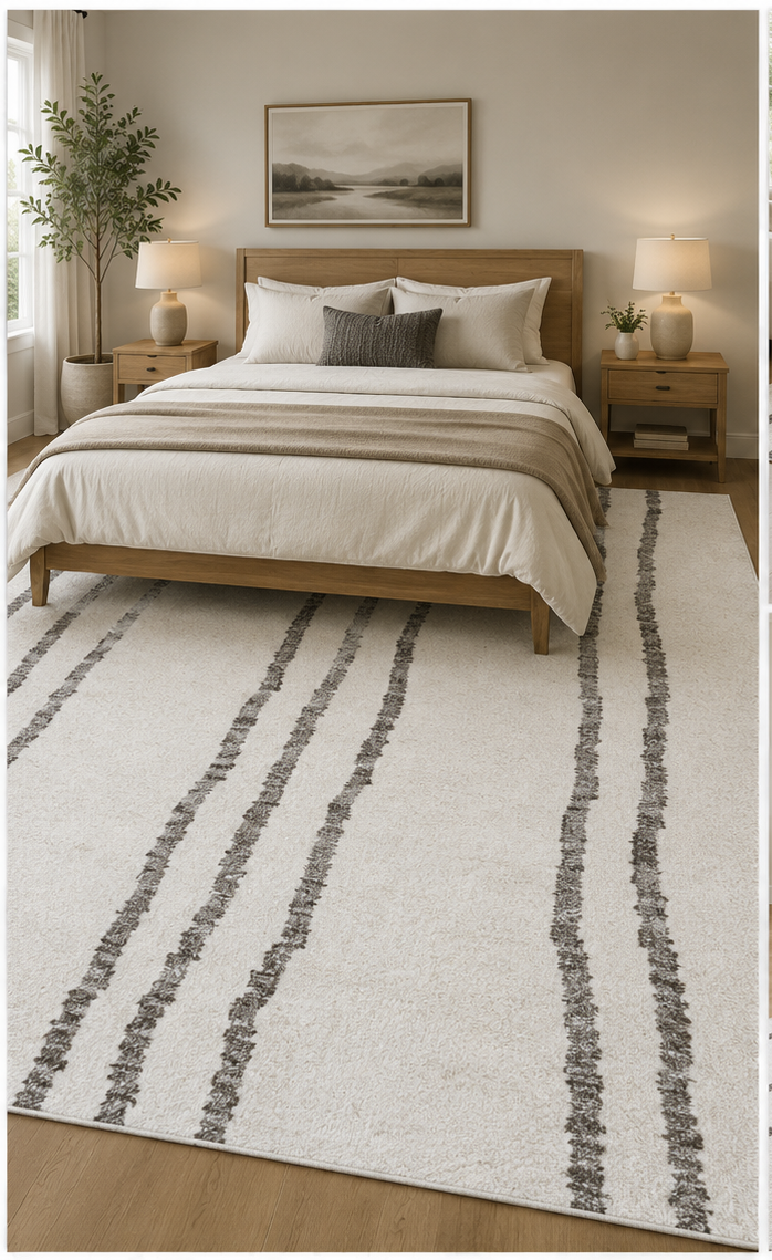 Handwoven Ivory & Charcoal Wavy Line Wool Carpet