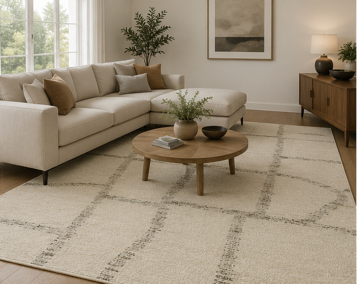 Handwoven Ivory & Taupe Abstract Grid Wool Carpet