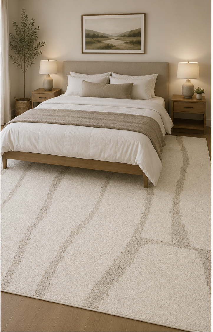 Handwoven Ivory & Beige Abstract Linear Wool Carpet 